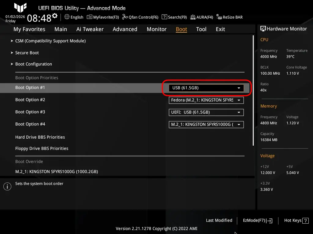 Set the USB device as the first boot option