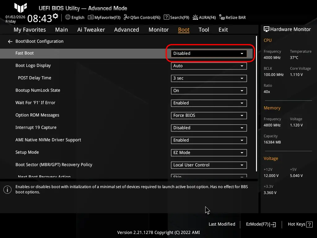 Disable Fast Boot if the USB stick is not visible