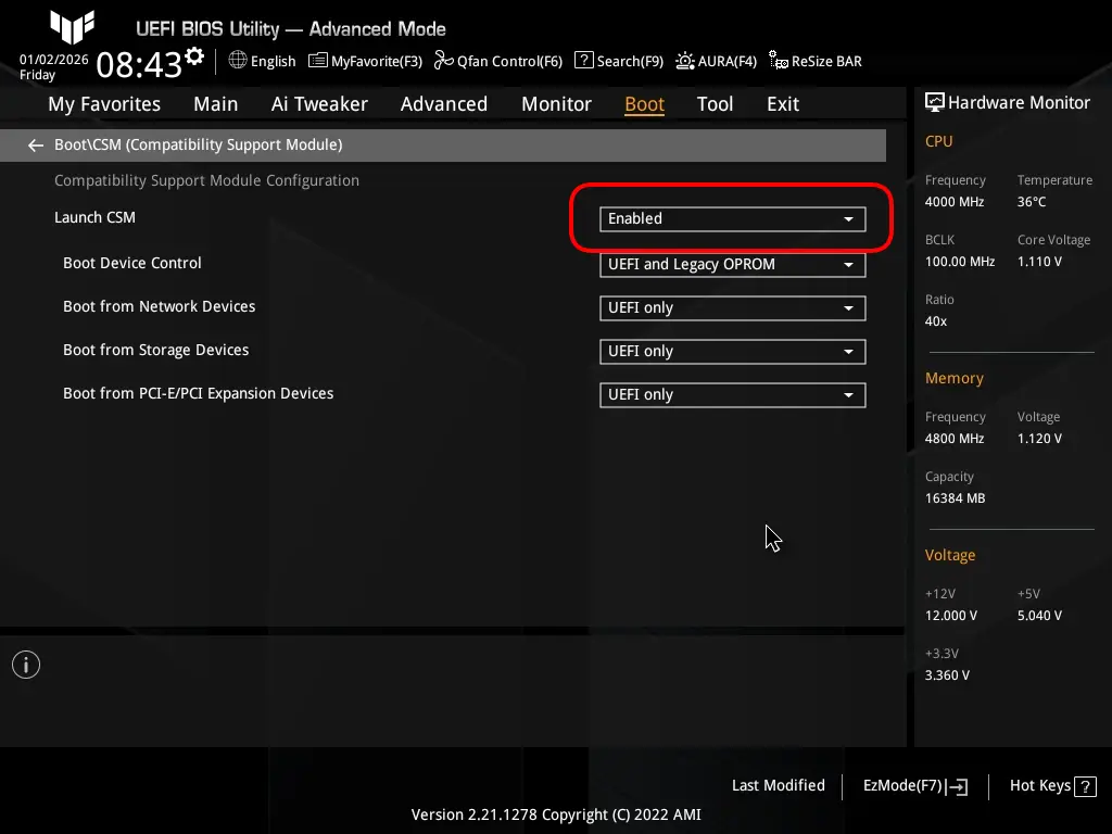 Enable Legacy/CSM (BIOS) to keep the boot order even in when the USB stick is removed